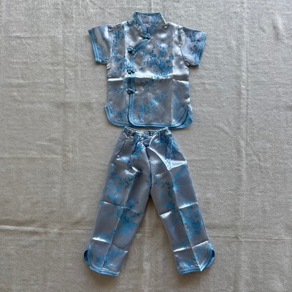 2pc Eastern Kids Blue Satin Floral Jacquard Tang Suit Outfit Set Size 4